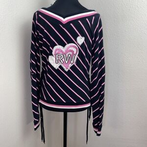 Roccawear Off The Shoulder Top Women's Large Pink & Black Stripped Tie Side Y2K